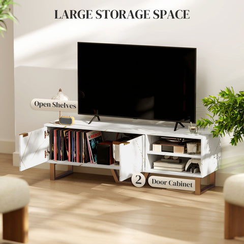 Homcom marble effect tv console in white with fluted cabinet doors finger edge pulls two open shelves and wooden legs