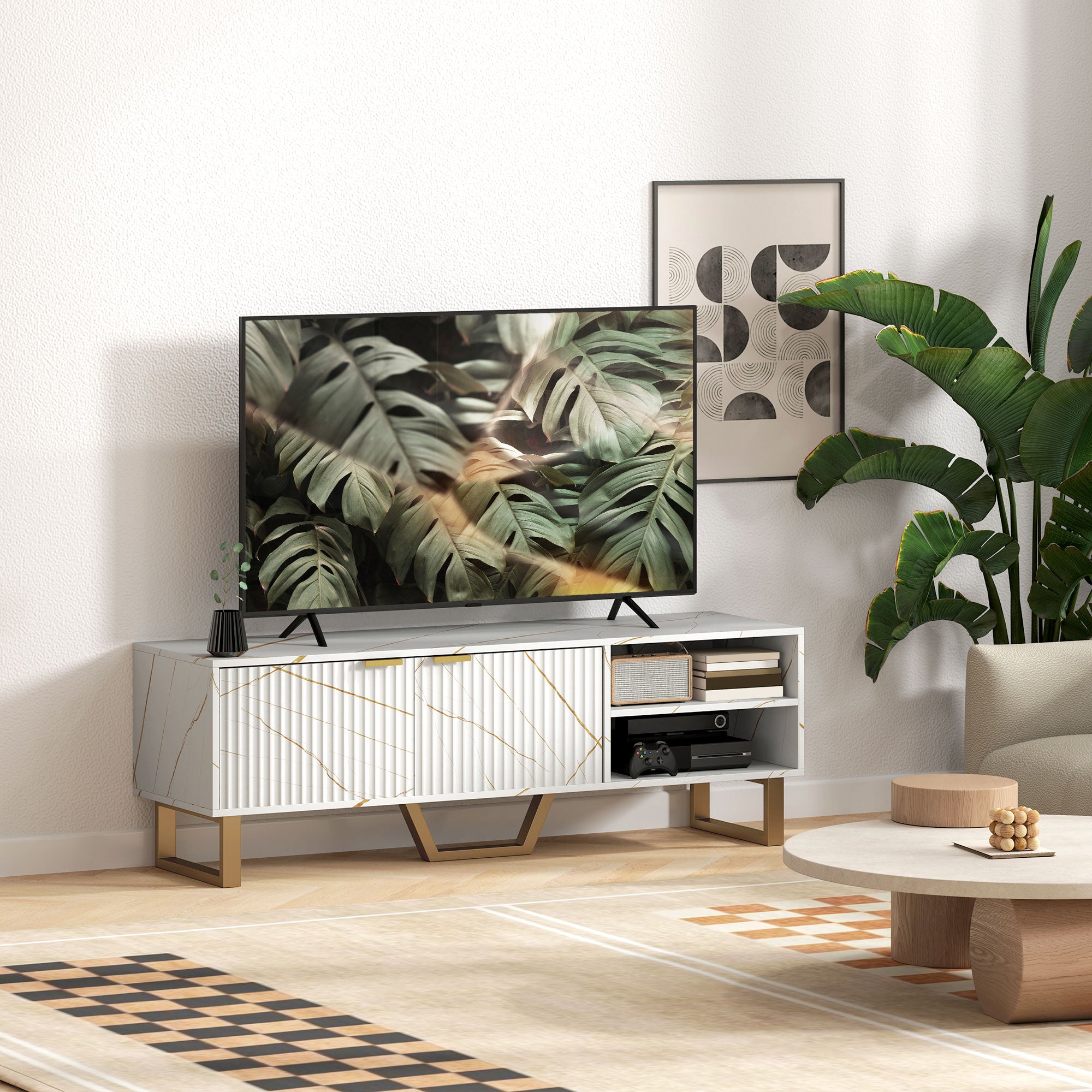 White marble effect tv stand with gold legs fluted cabinet doors finger edge pulls and two open shelves for living room