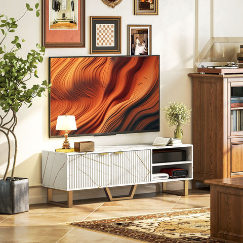 White marble effect tv unit with fluted cabinet doors two open shelves and gold tone legs for living room storage