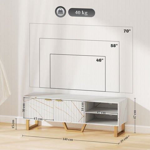 Modern white marble effect tv stand with fluted cabinet doors, gold geometric legs, finger edge pulls, and two open shelves