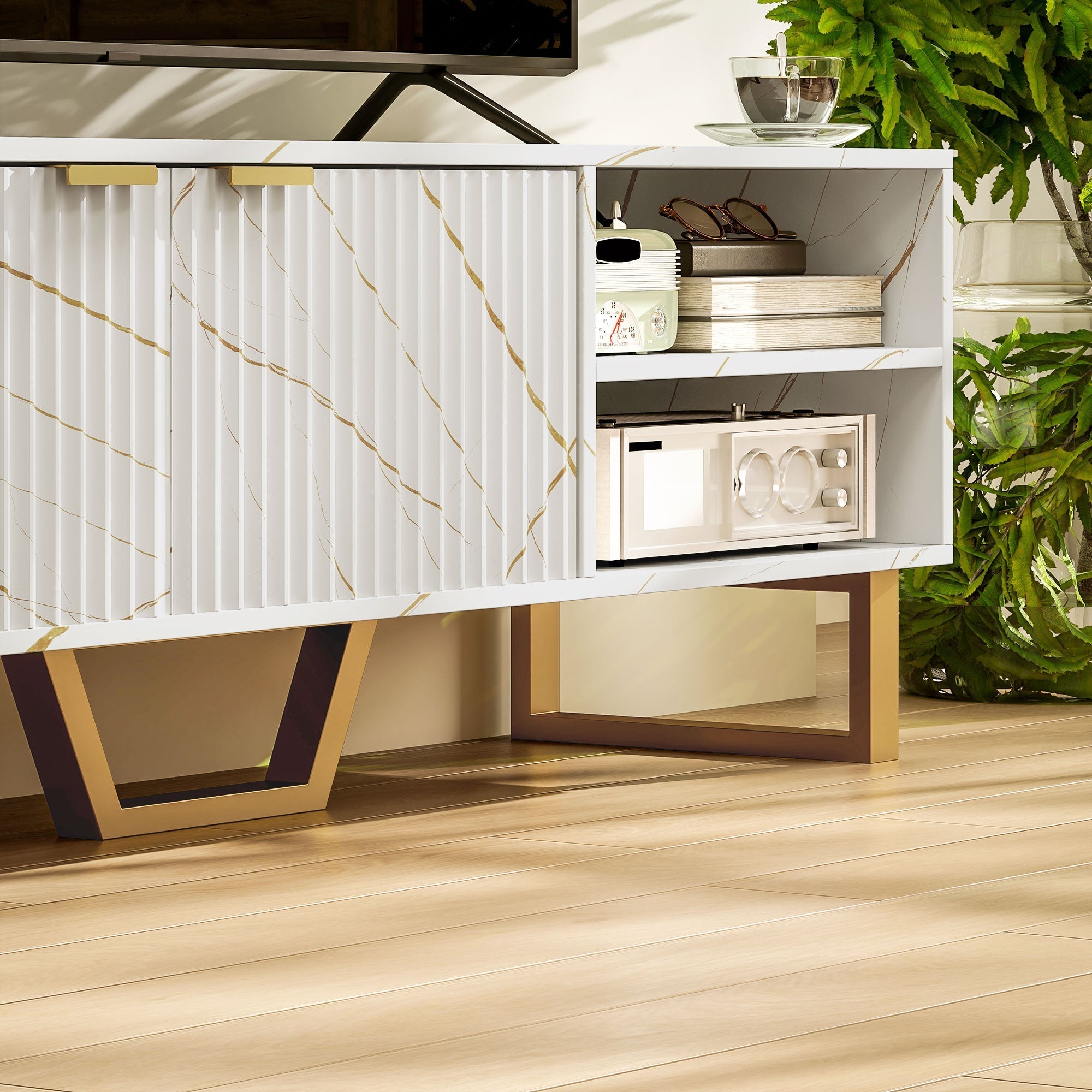 Modern white marble effect tv stand cabinet with fluted cabinet doors finger edge pulls two open shelves and gold legs