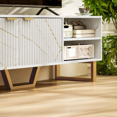 Modern white marble effect tv stand cabinet with fluted cabinet doors finger edge pulls two open shelves and gold legs