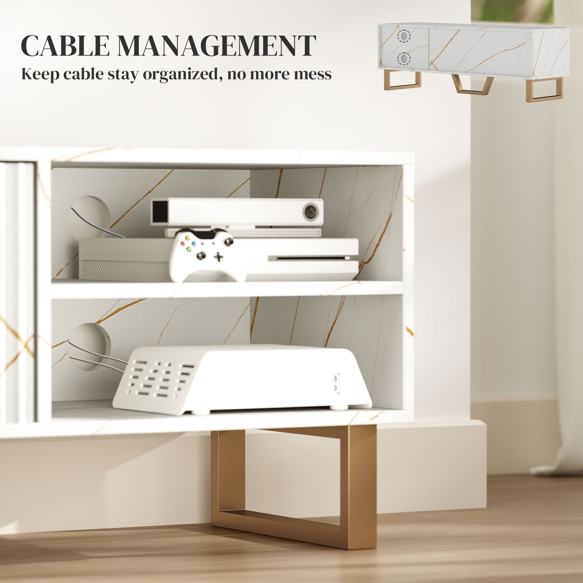 White marble-patterned homcom tv stand with fluted cabinet doors finger edge pulls and two open shelves