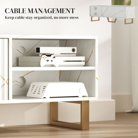 White marble-patterned homcom tv stand with fluted cabinet doors finger edge pulls and two open shelves