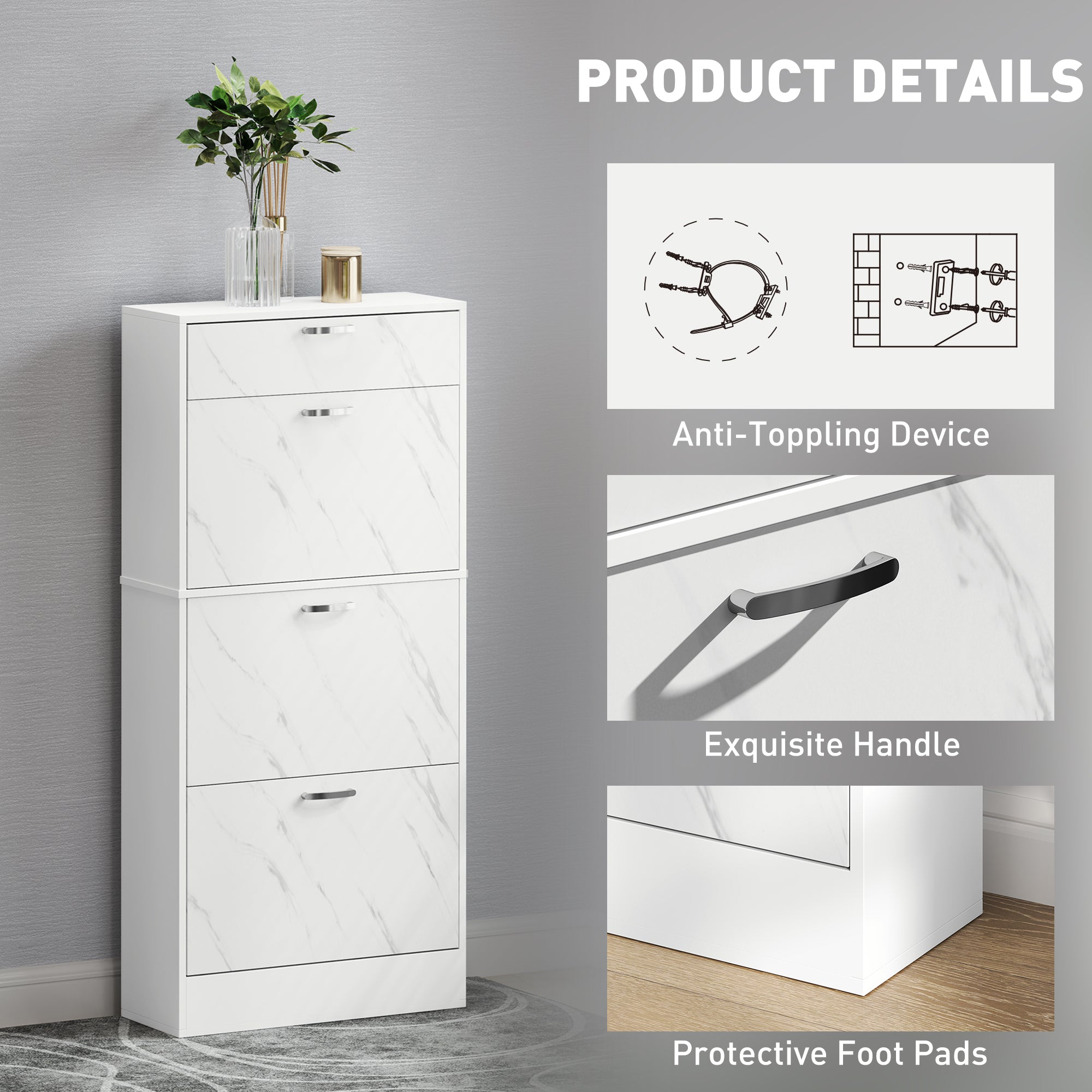 White marble-patterned homcom shoe storage cabinet with 3 flip drawers and black handles for hallway use