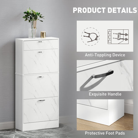 White marble-patterned homcom shoe storage cabinet with 3 flip drawers and black handles for hallway use