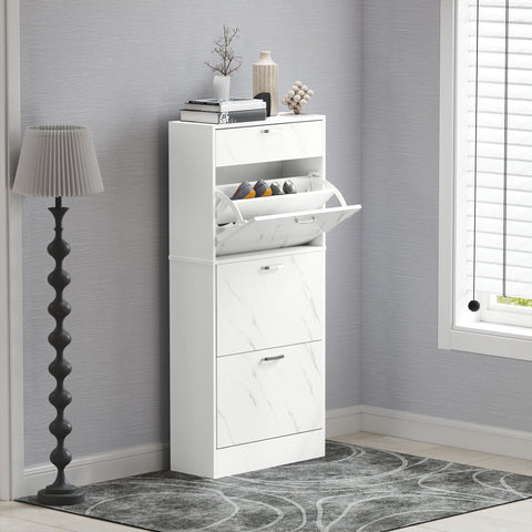 White marble-patterned shoe storage cabinet with pull-out tray, two drawers, and adjustable shelves for 18 pairs