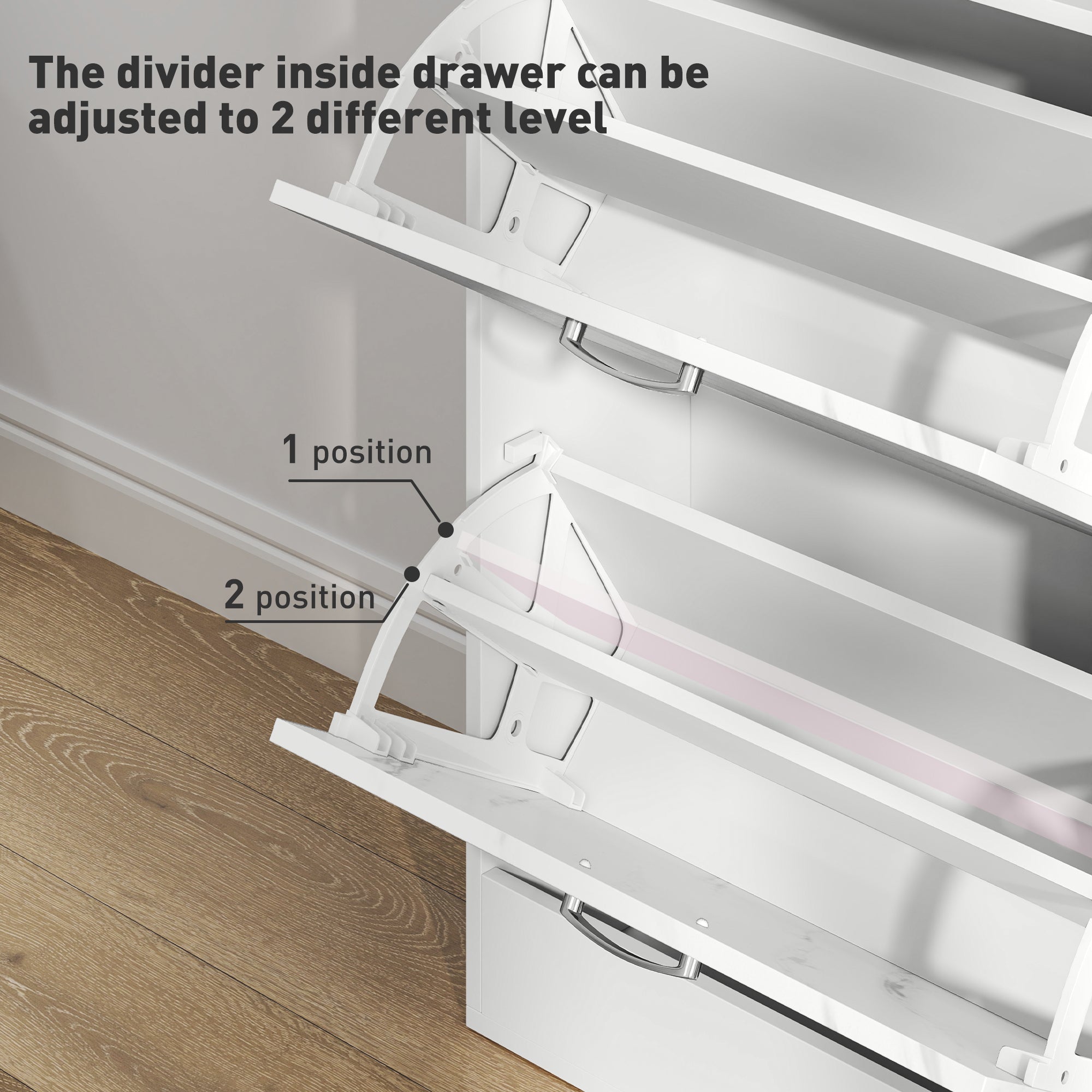 White plastic shoe organizer with adjustable divider shelves in marble shoe storage cabinet for shoe storage