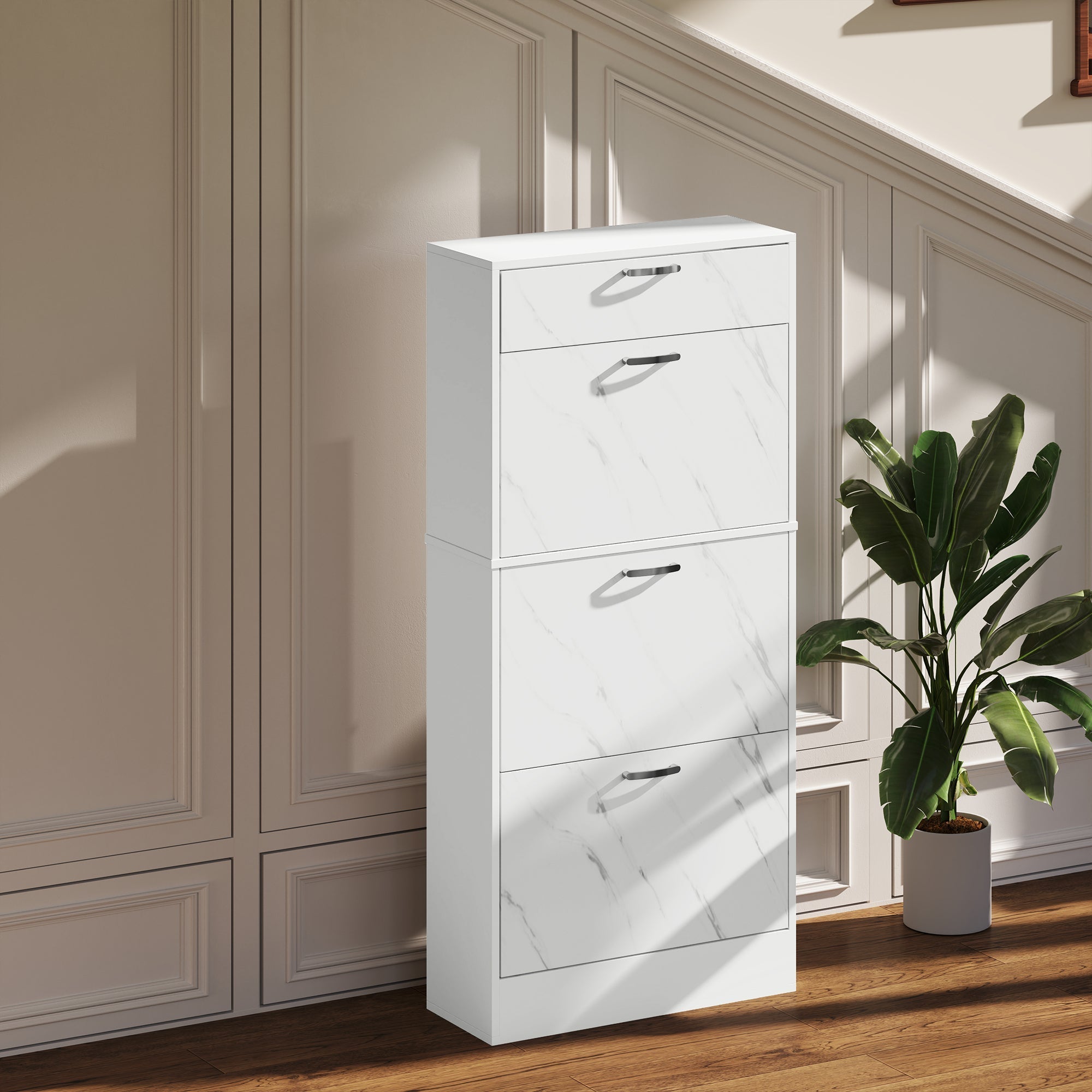White marble-patterned homcom shoe storage cabinet with four drawers and silver handles for stylish shoe storage