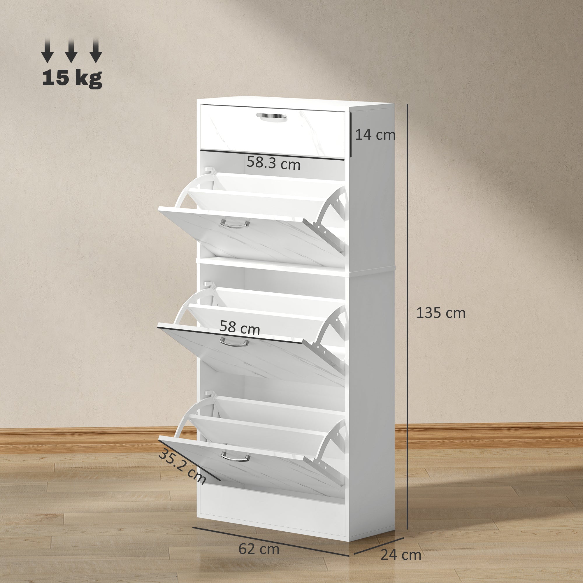 White sleek marble shoe storage cabinet with four pull out drawers and top drawer for shoe storage
