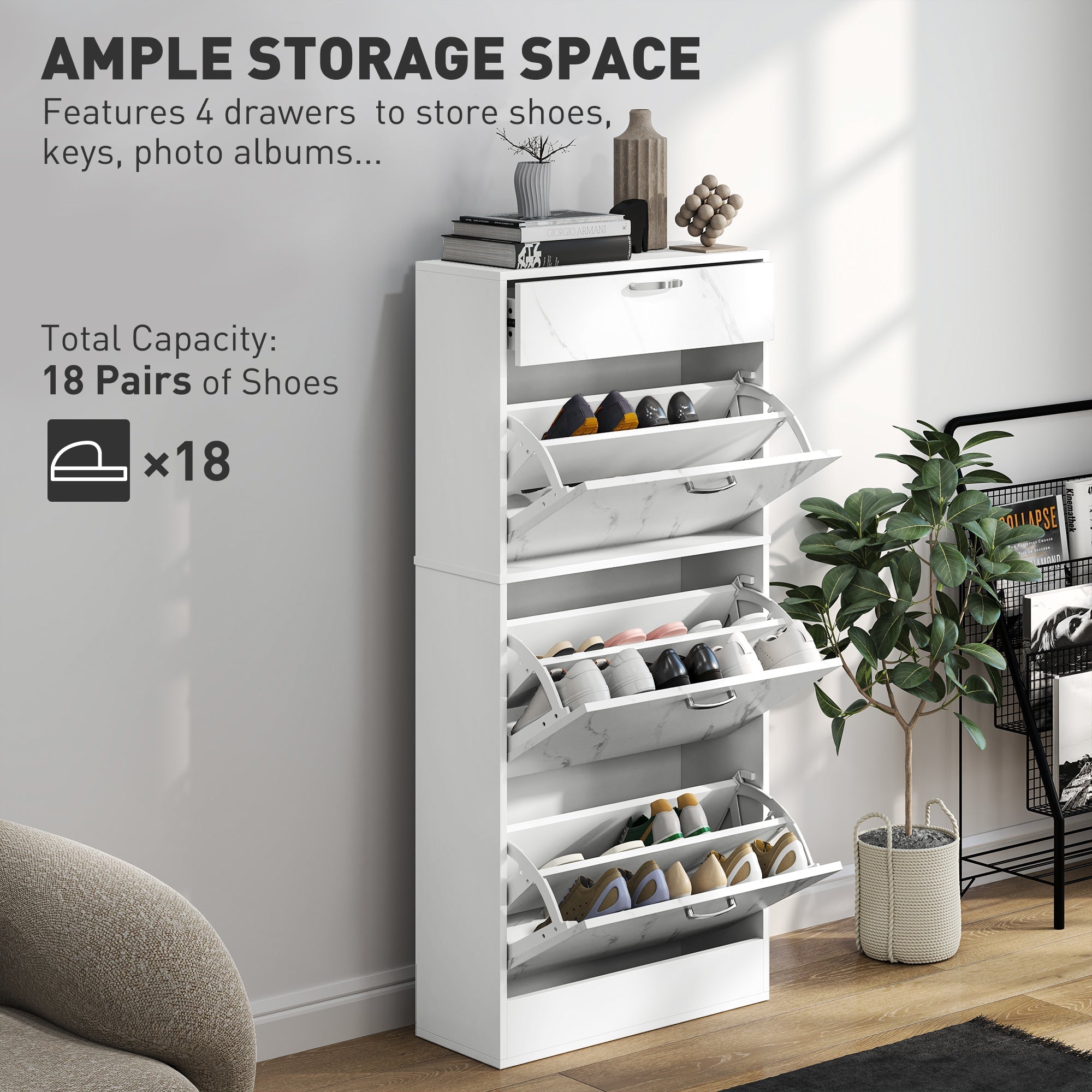 White marble-effect shoe storage cabinet with four pull-out drawers holds 18 pairs for organized shoe storage