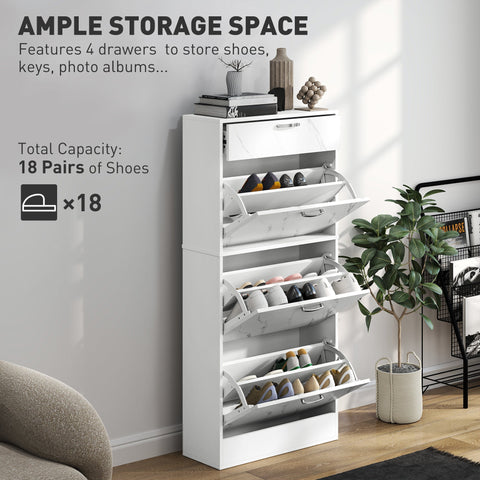White marble-effect shoe storage cabinet with four pull-out drawers holds 18 pairs for organized shoe storage