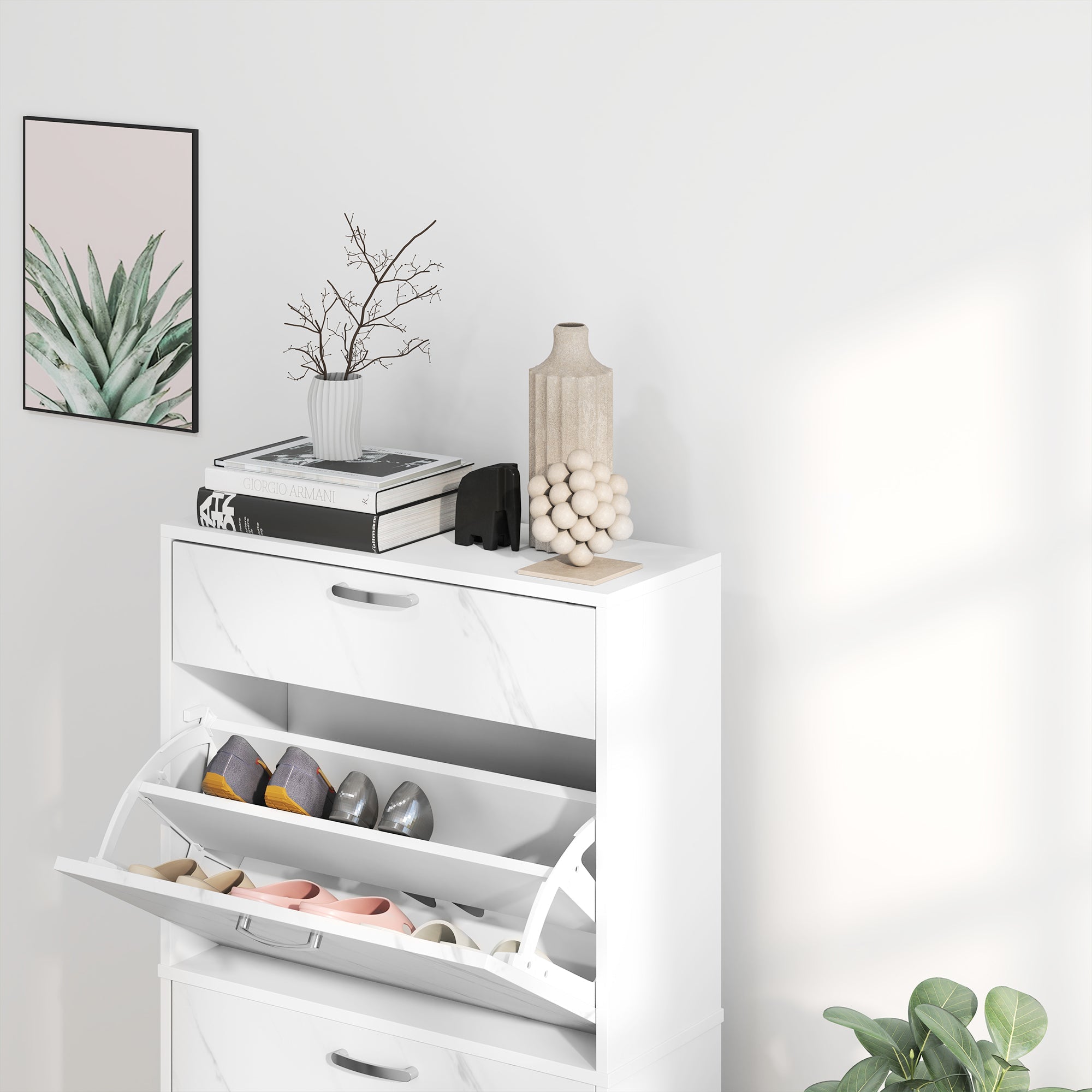White marble-effect shoe storage cabinet with 3 flip drawers and open shelves holding multiple shoes for hallway use