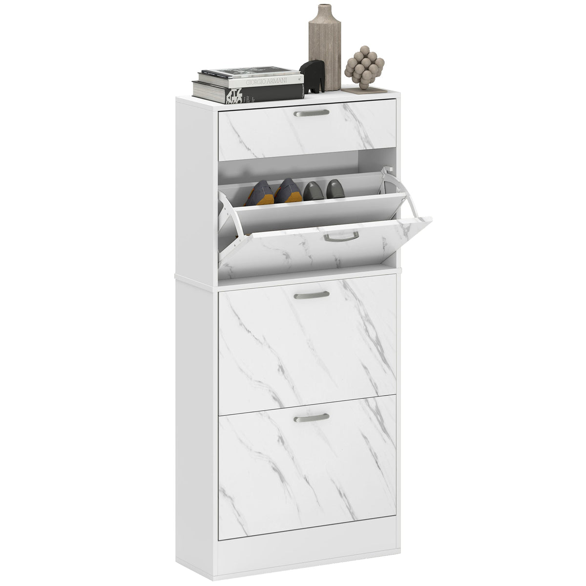 White marble-patterned shoe storage cabinet with 3 flip drawers and open compartment for shoes useable as marble shoe storage