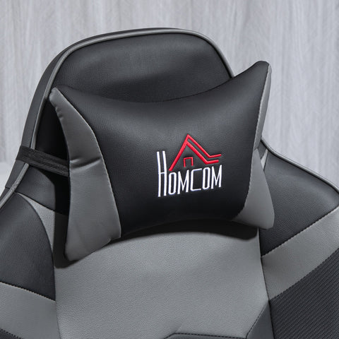 Black leather headrest pillow with red white homcom logo on grey pu leather massage recliner chair with lumbar support