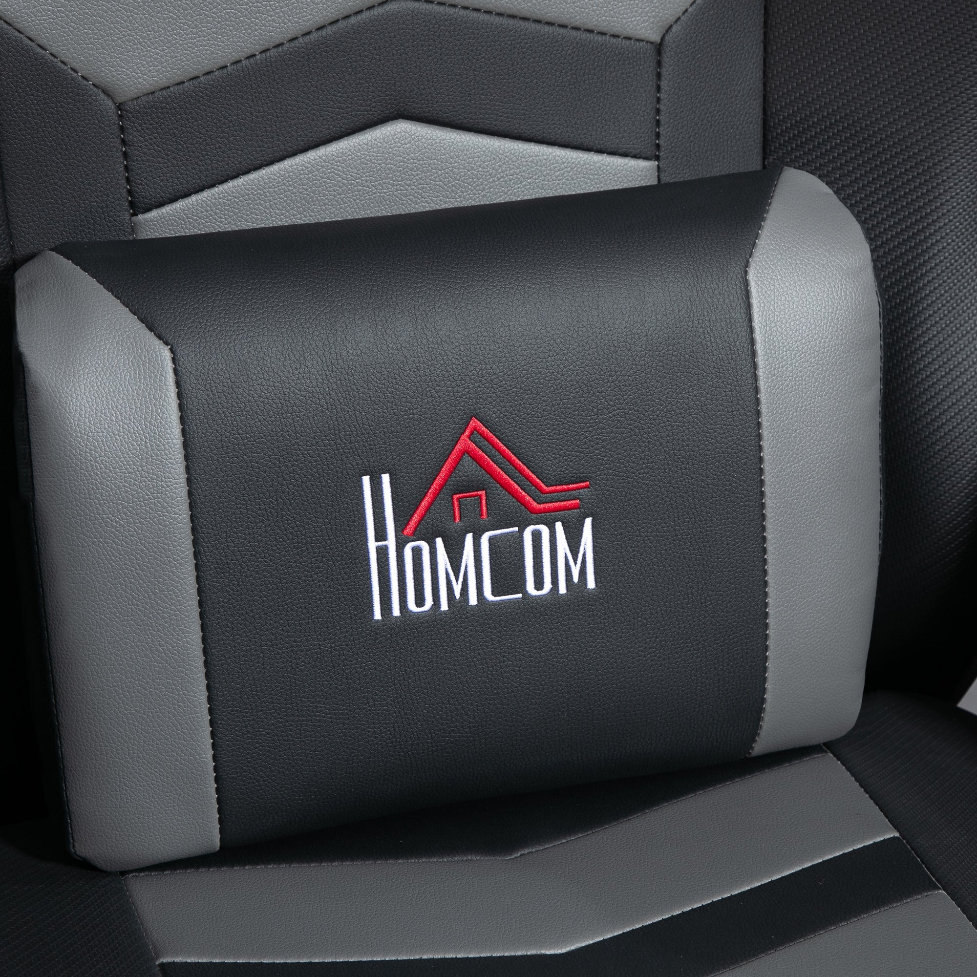 Black and gray pu leather massage recliner chair headrest with lumbar support and red homcom logo embroidery