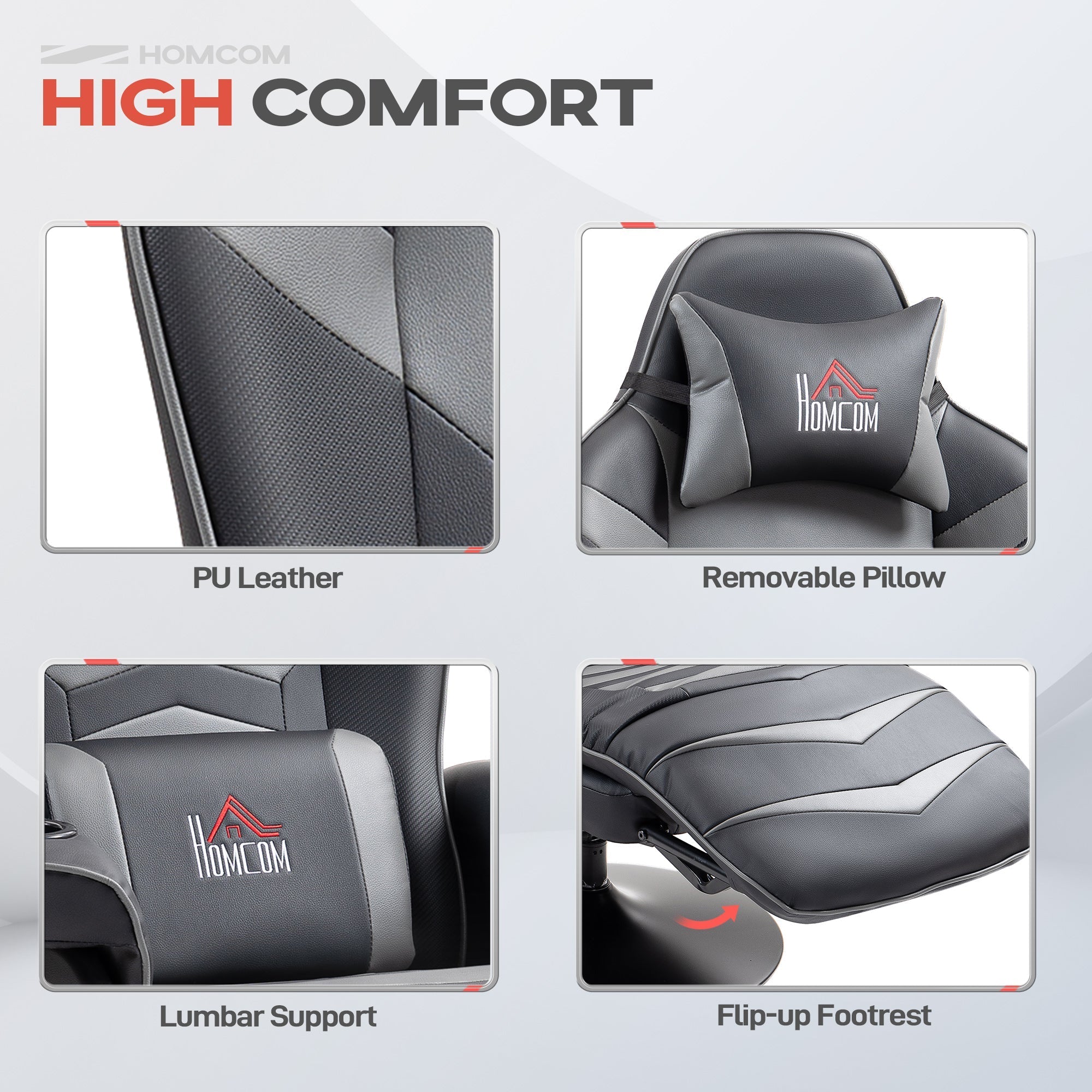 Black pu leather massage recliner chair with gray accents lumbar support and red logo on removable pillow