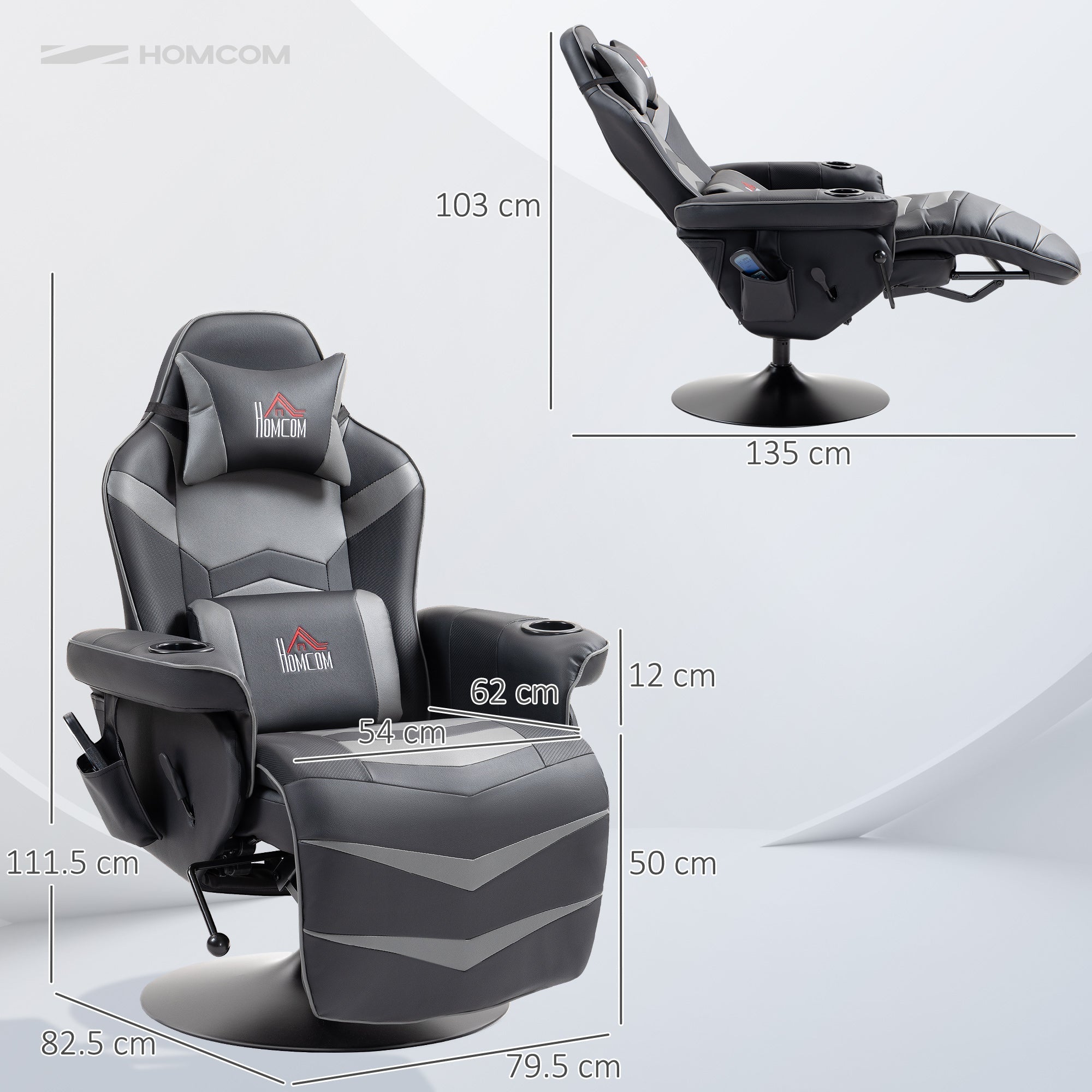 Black and gray HOMCOM massage recliner chair with lumbar support pu leather cup holders and modern angular stitching