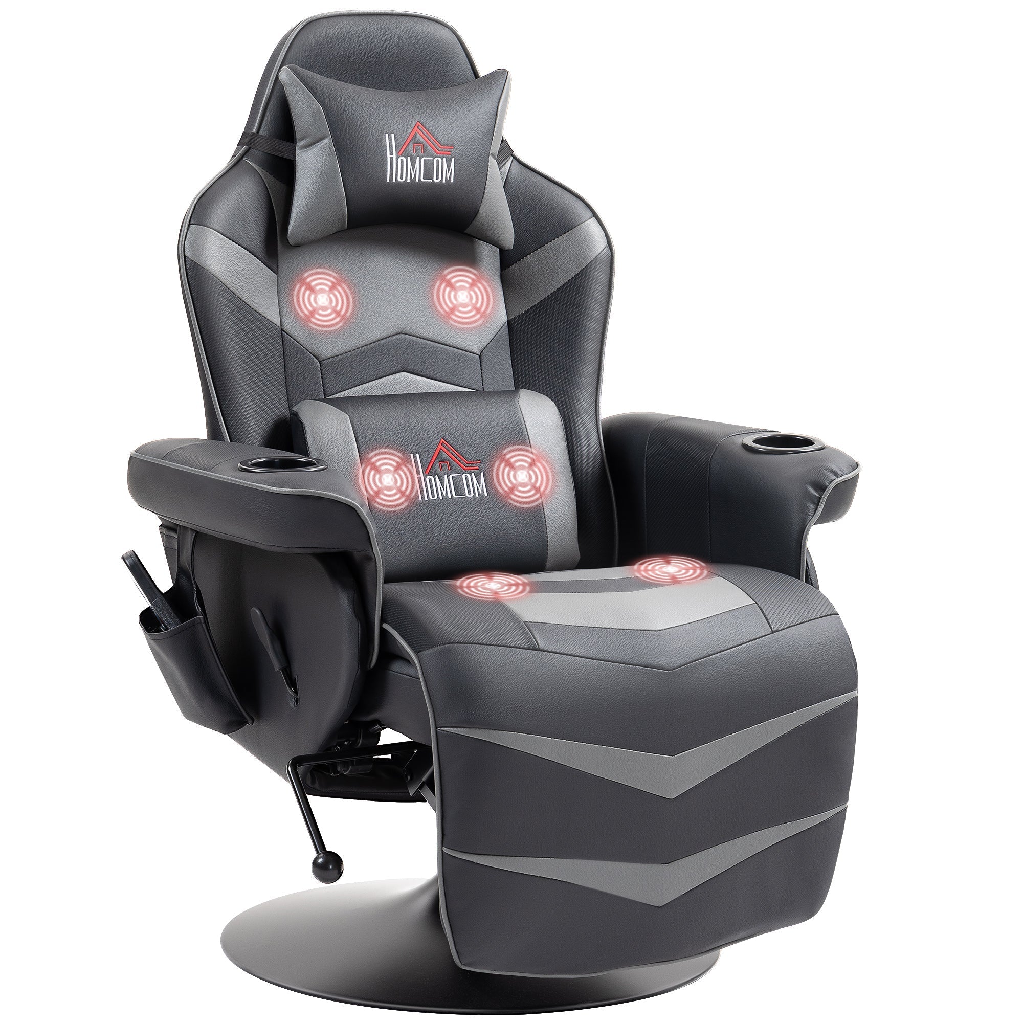 Black and gray pu leather massage recliner chair with red illuminated massage zones lumbar support cup holders and side pockets