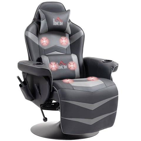 Black and gray pu leather massage recliner chair with red illuminated massage zones lumbar support cup holders and side pockets