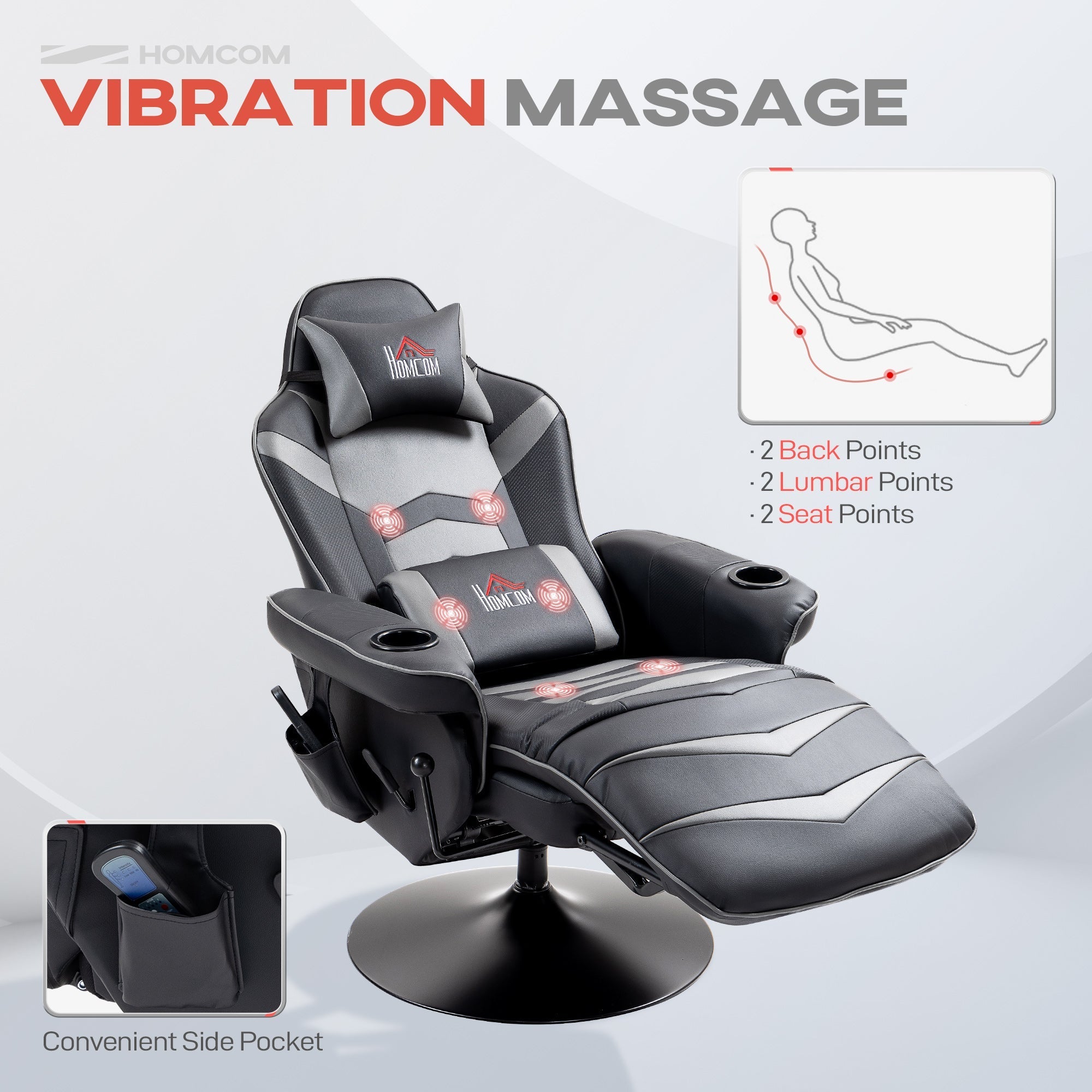 Black and gray homcom massage recliner chair with lumbar support pu leather cup holders and sporty design