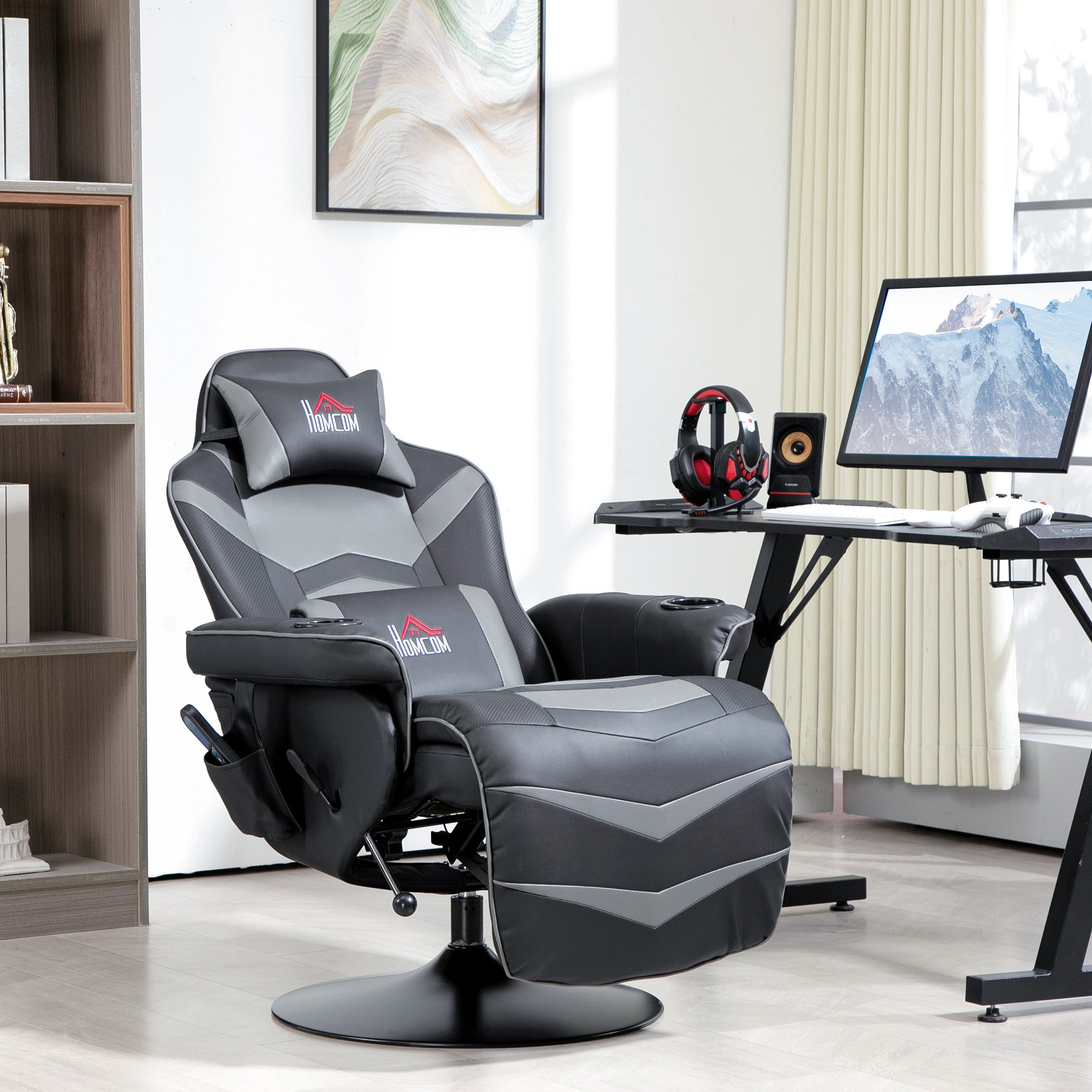 Black and gray pu leather homcom massage recliner chair with lumbar support and angular stitching patterns