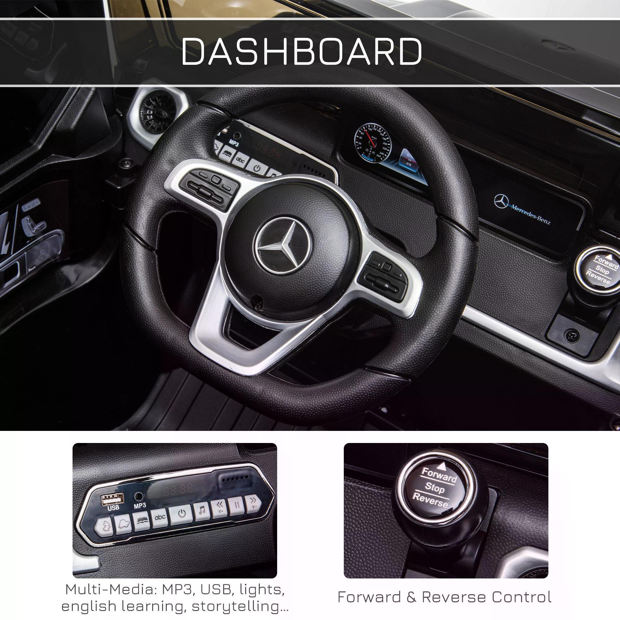 Black leather-trimmed steering wheel with silver accents and mercedes benz logo on benz g500 kids electric ride on car toy