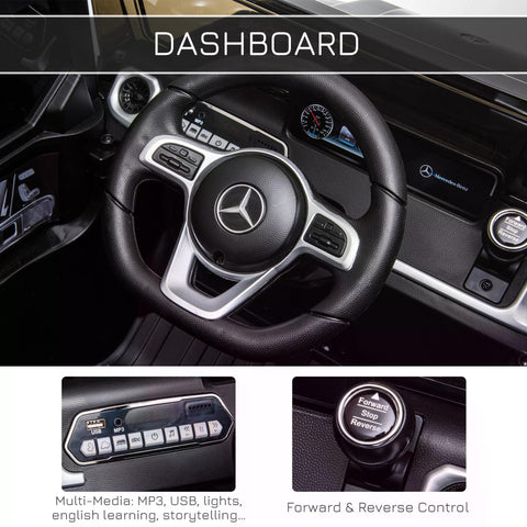 Black leather-trimmed steering wheel with silver accents and mercedes benz logo on benz g500 kids electric ride on car toy