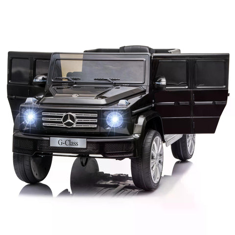 Black mercedes benz g500 electric ride on car toy with illuminated headlights and silver alloy wheels for kids