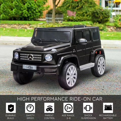 Black mercedes benz g500 ride on car toy with silver rims glossy finish and remote control for kids fun drive