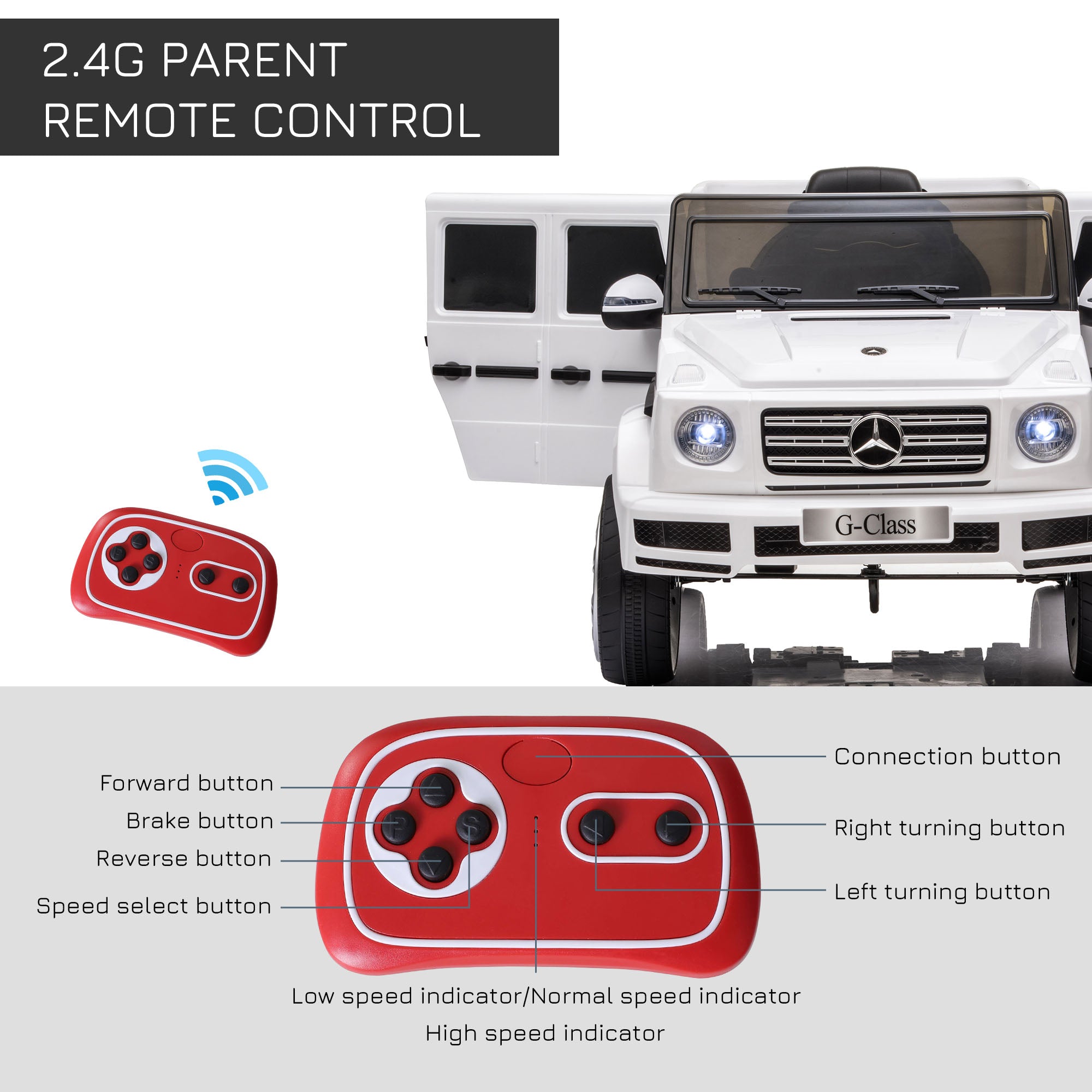 White mercedes benz g500 electric ride on toy car with black trim illuminated headlights for kids 3-8 years old