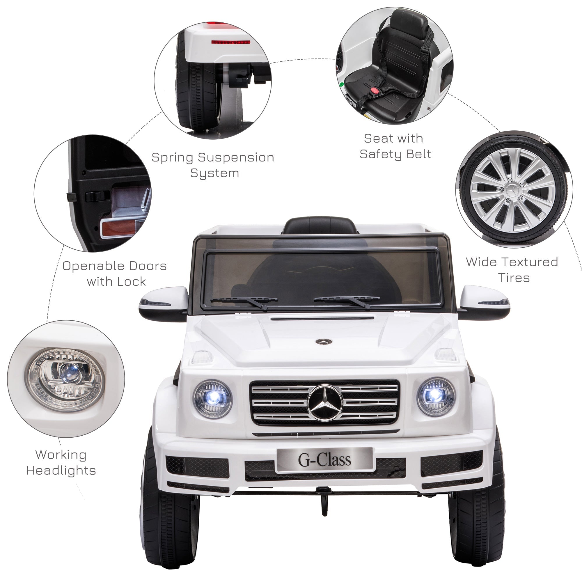 White mercedes benz g500 kids electric ride on car with black seats silver rims and lit headlights for ages 3 to 8