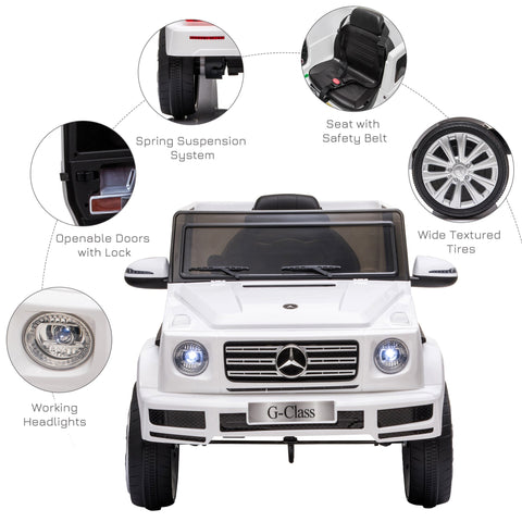 White mercedes benz g500 kids electric ride on car with black seats silver rims and lit headlights for ages 3 to 8