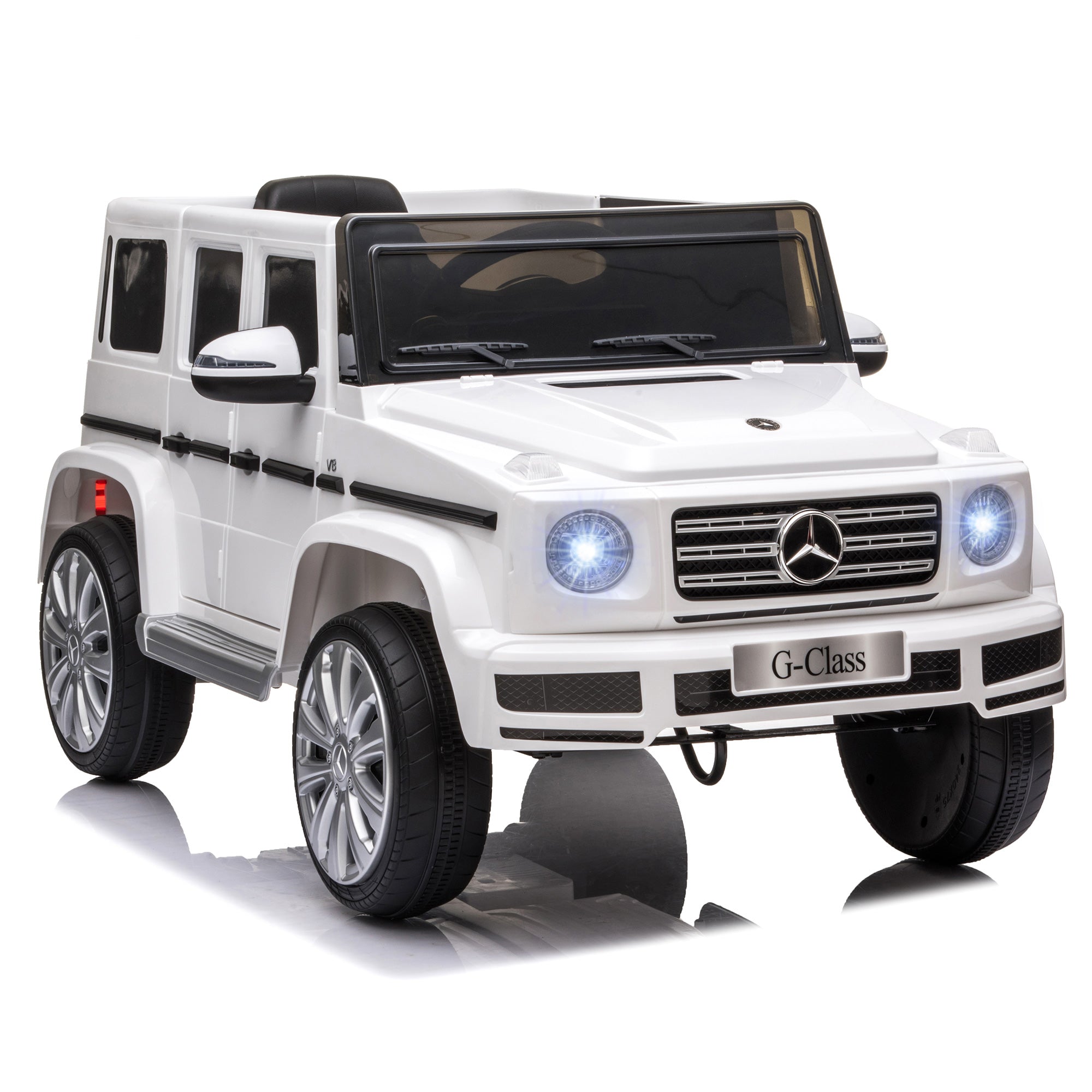 White mercedes benz g500 electric ride on toy car with chrome accents illuminated headlights and parental remote control