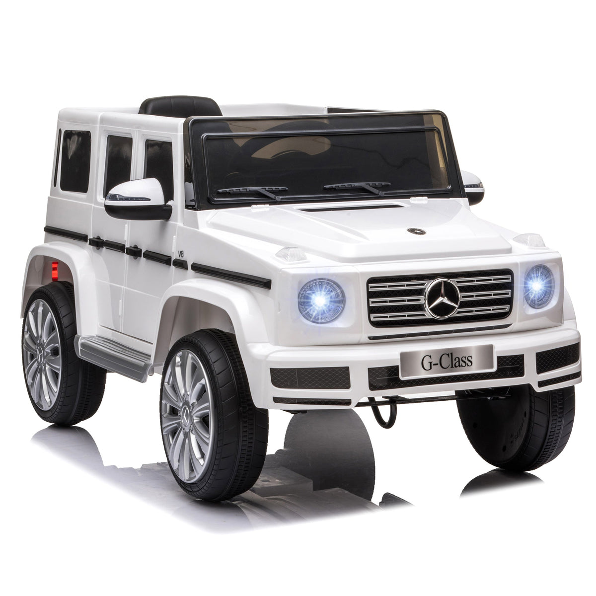 White mercedes benz g500 electric ride on toy car with chrome accents illuminated headlights and parental remote control