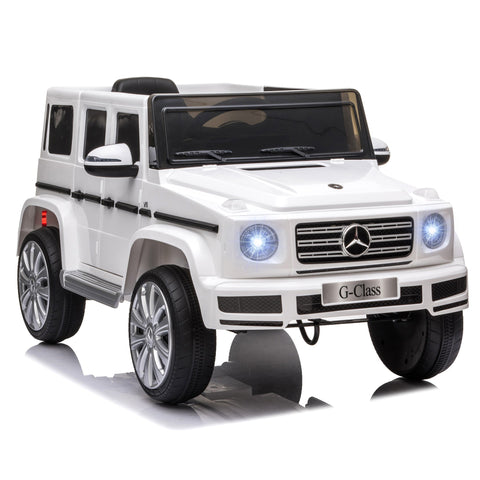 White mercedes benz g500 electric ride on toy car with chrome accents illuminated headlights and parental remote control