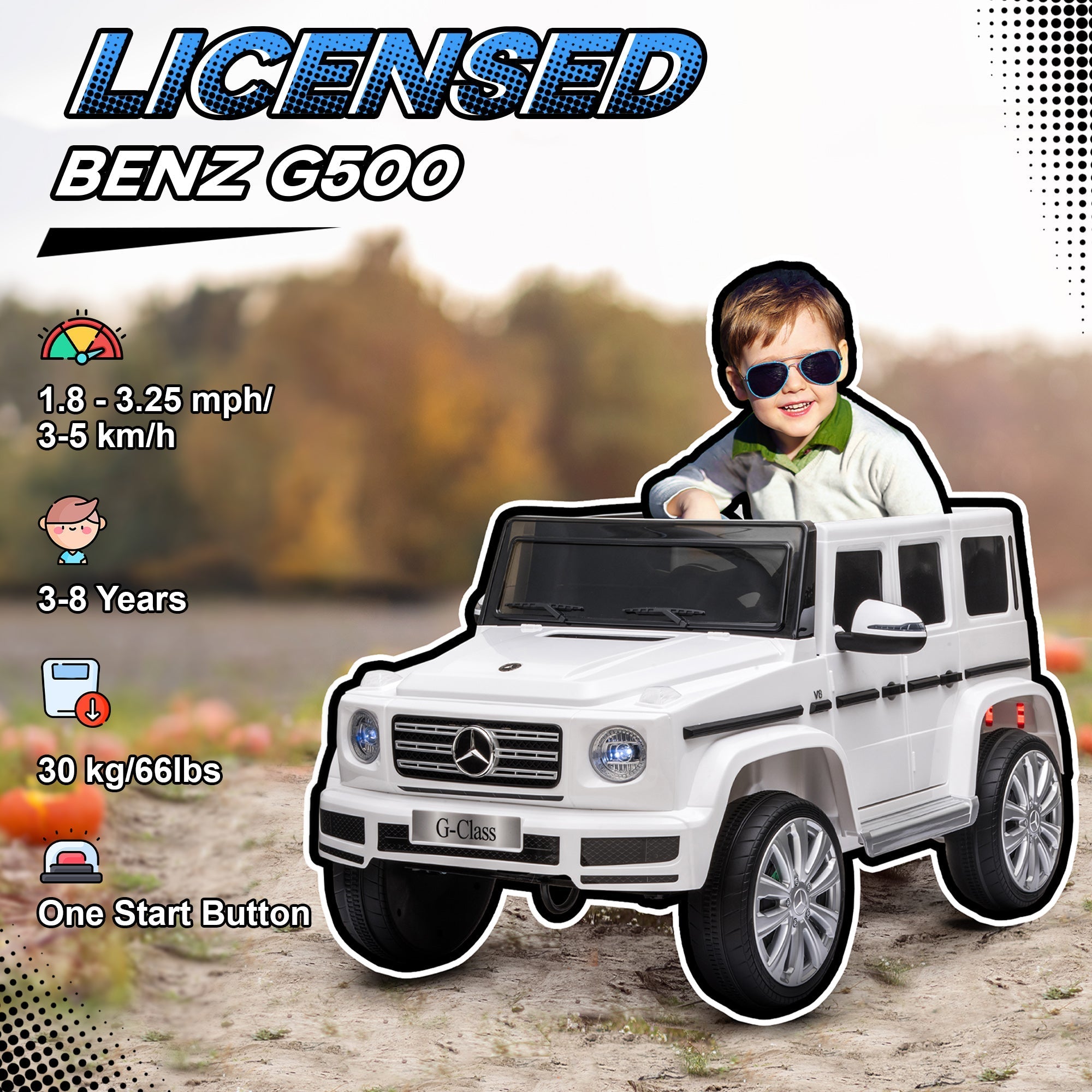 White licensed mercedes benz g500 electric ride on toy car with chrome accents for kids 3-8 years old