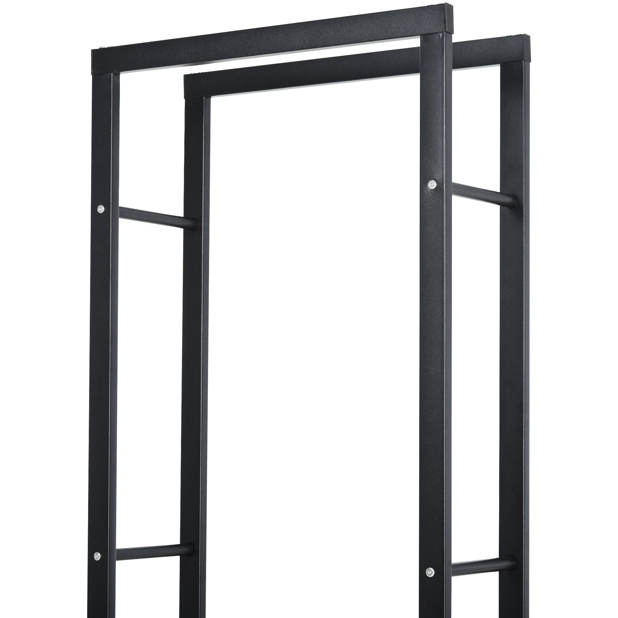 Black metal wood storage log holder with vertical bars and side rails design allows sturdy firewood stacking