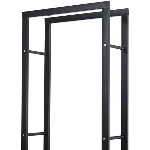 Black metal wood storage log holder with vertical bars and side rails design allows sturdy firewood stacking