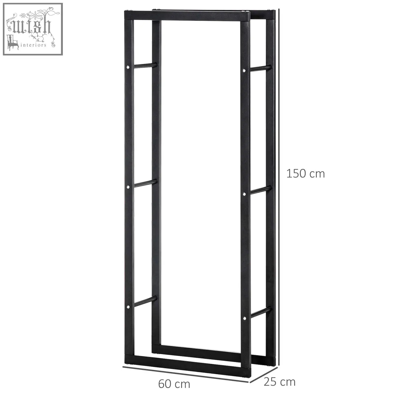 Black metal firewood log holder with vertical bars and horizontal supports design allows sturdy wood storage indoors or outdoors