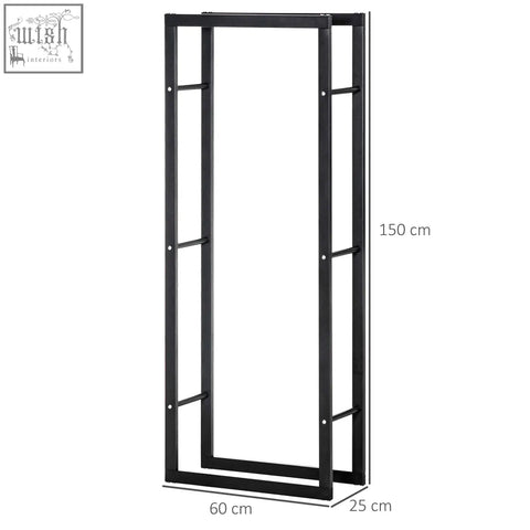 Black metal firewood log holder with vertical bars and horizontal supports design allows sturdy wood storage indoors or outdoors