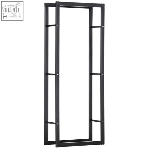 Black metal-framed full-length mirror with vertical support bars in front of a HOMCOM wood storage log holder design allows easy stacking
