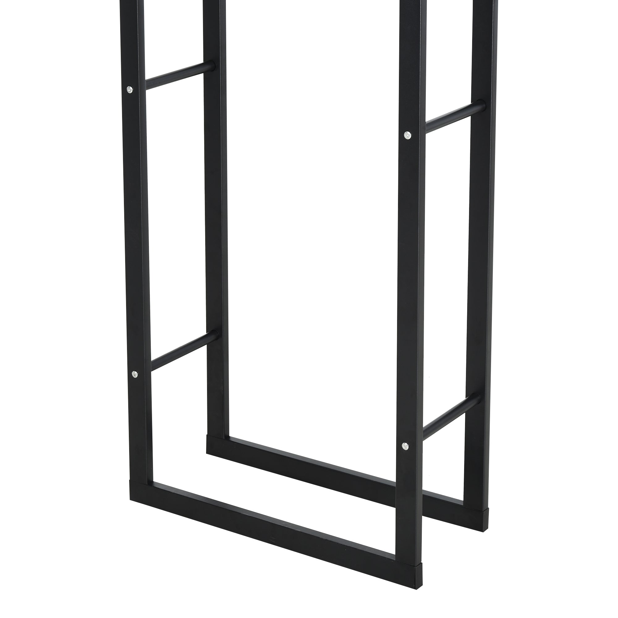 Black metal log holder with sturdy ladder design allows wood storage indoors and outdoors for fireplace use