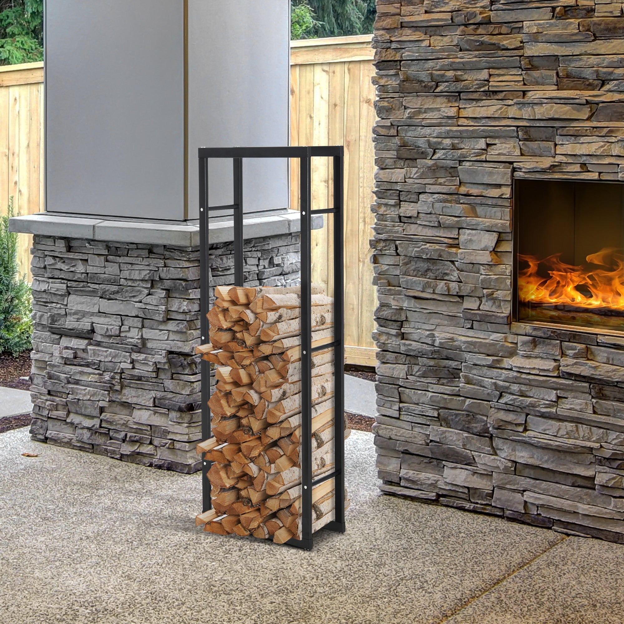 Black metal firewood log holder with rust-resistant design allows neat wood storage indoor and outdoor use
