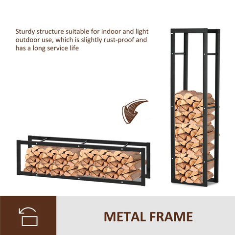 Black metal firewood log holder with rust-resistant frame and side rails design allows indoor or light outdoor wood storage