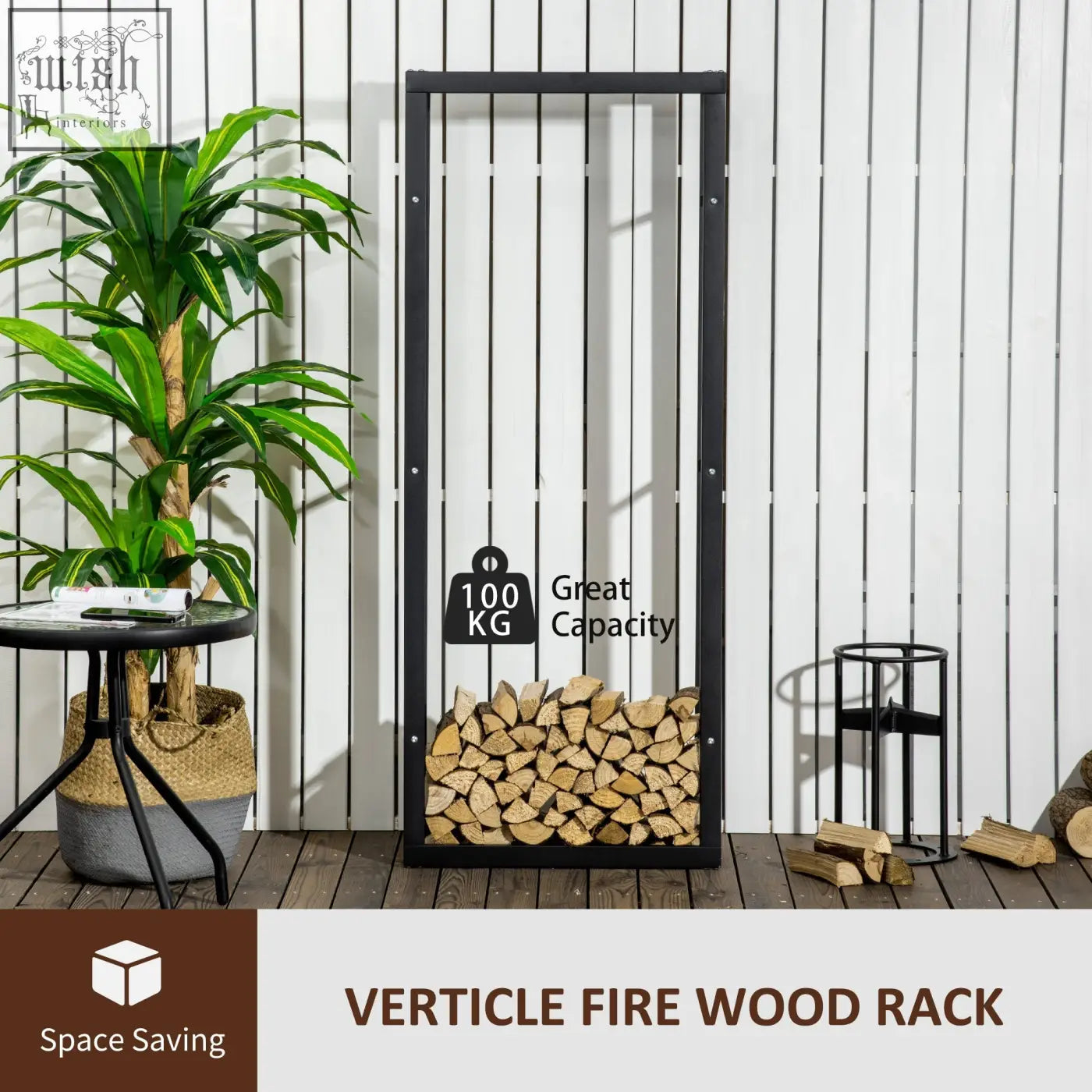 Black metal vertical firewood rack with sleek modern design allows wood storage and holds up to 100 kg for indoor outdoor use