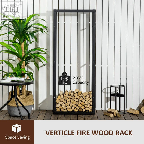 Black metal vertical firewood rack with sleek modern design allows wood storage and holds up to 100 kg for indoor outdoor use