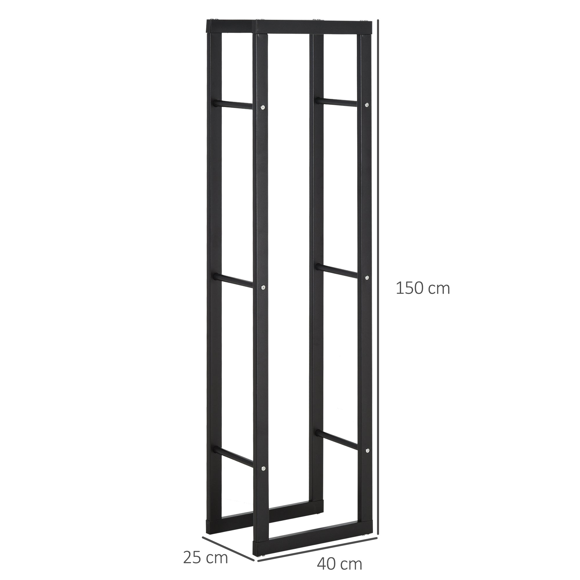 Black metal log holder with four horizontal bars design allows easy wood storage indoor and outdoor use