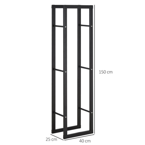Black metal log holder with four horizontal bars design allows easy wood storage indoor and outdoor use
