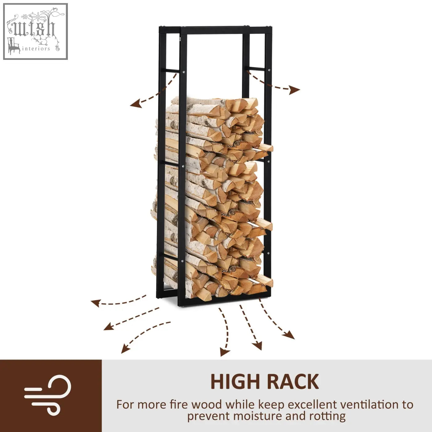 Black metal high rack log holder with design allows neat wood storage for indoor outdoor firewood organization